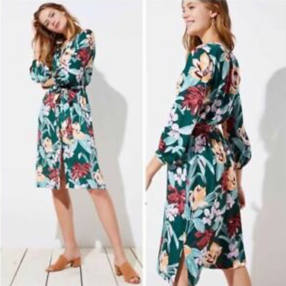 Loft midi tropical flowers green dress size M